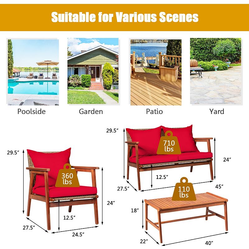 4 Piece  Acacia Wood Patio Rattan Furniture Set