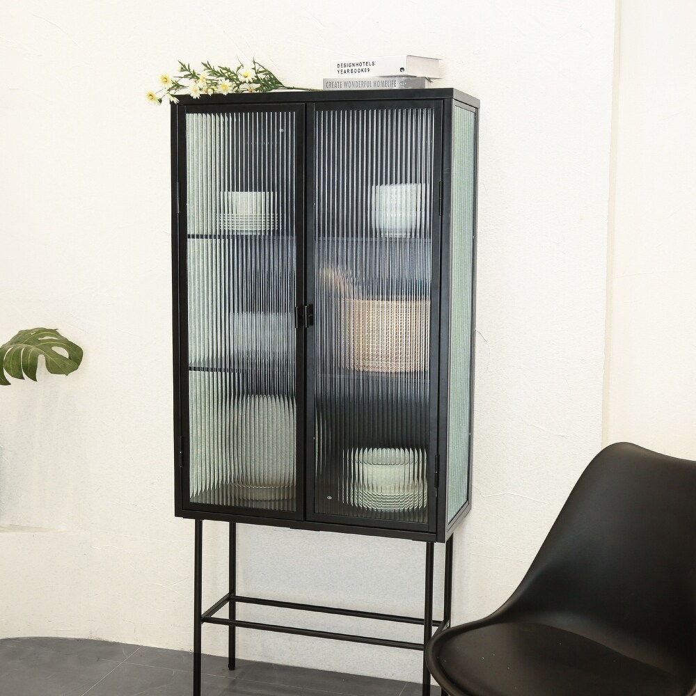 Tall Freestanding Display Cupboard Stylish Fluted Glass Storage Cabinet with Glass Doors Three Detachable Shelves Bottom Space