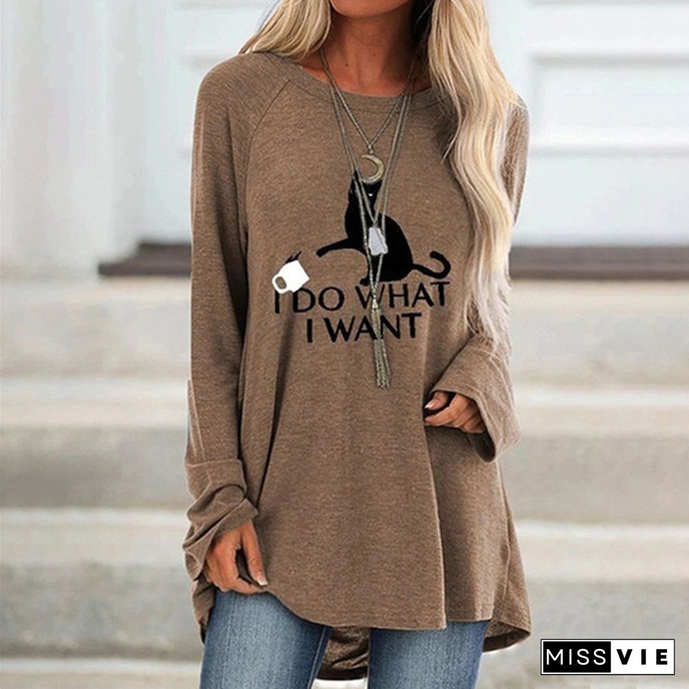 New Women Autumn and Winter Clothes Casual Printed Round Neck Long Sleeves Tunic T-Shirt Loose Cotton Pullover Blouse Plus Size XS-8XL