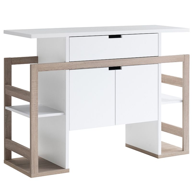 FC Design White and Dark Taupe Buffet Bookcase with 4 Open Shelves， 2 Door Cabinet and Drawer