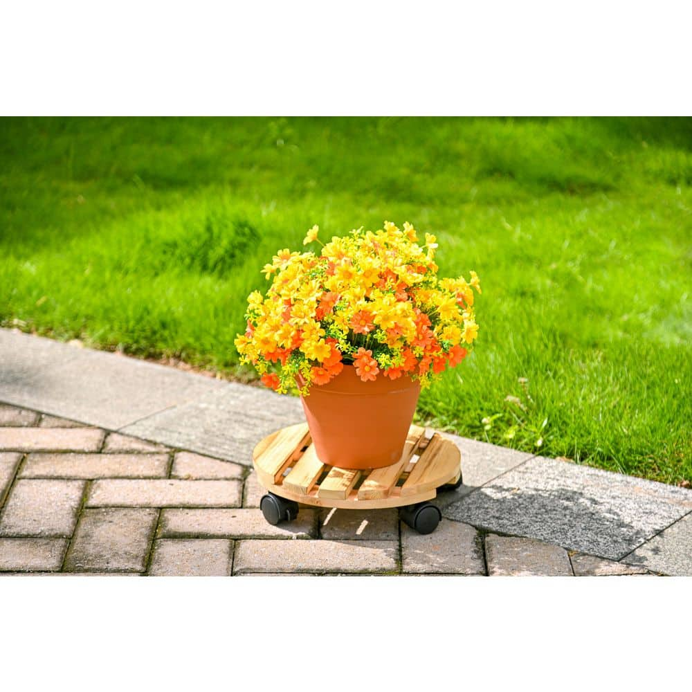 Vigoro 12 in. Round Wood Plant Stand Caddy with Wheels 710252310