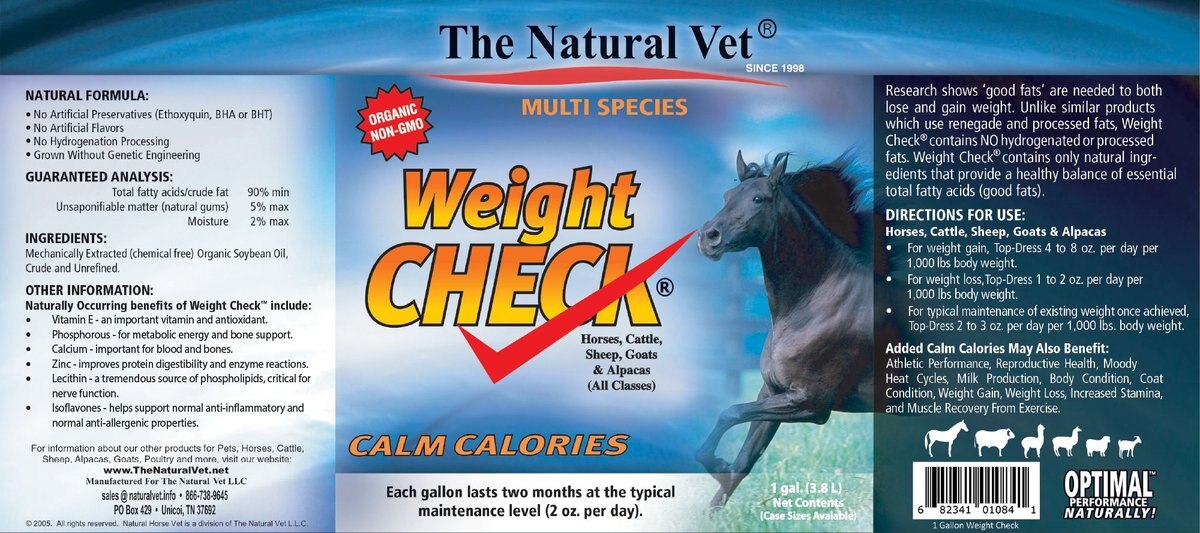 The Natural Vet Weight Check Oil Horse Supplement， 1-gal bottle