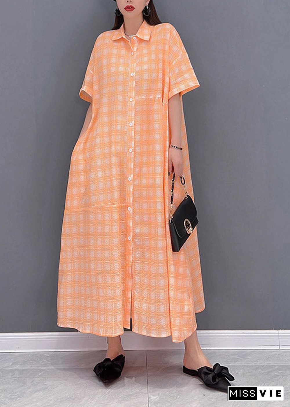 Loose Orange Peter Pan Collar Button Pockets Plaid Long Dress Short Sleeve