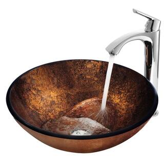 VIGO Glass Round Vessel Bathroom Sink in Russet Brown with Linus Faucet and Pop-Up Drain in Chrome VGT110