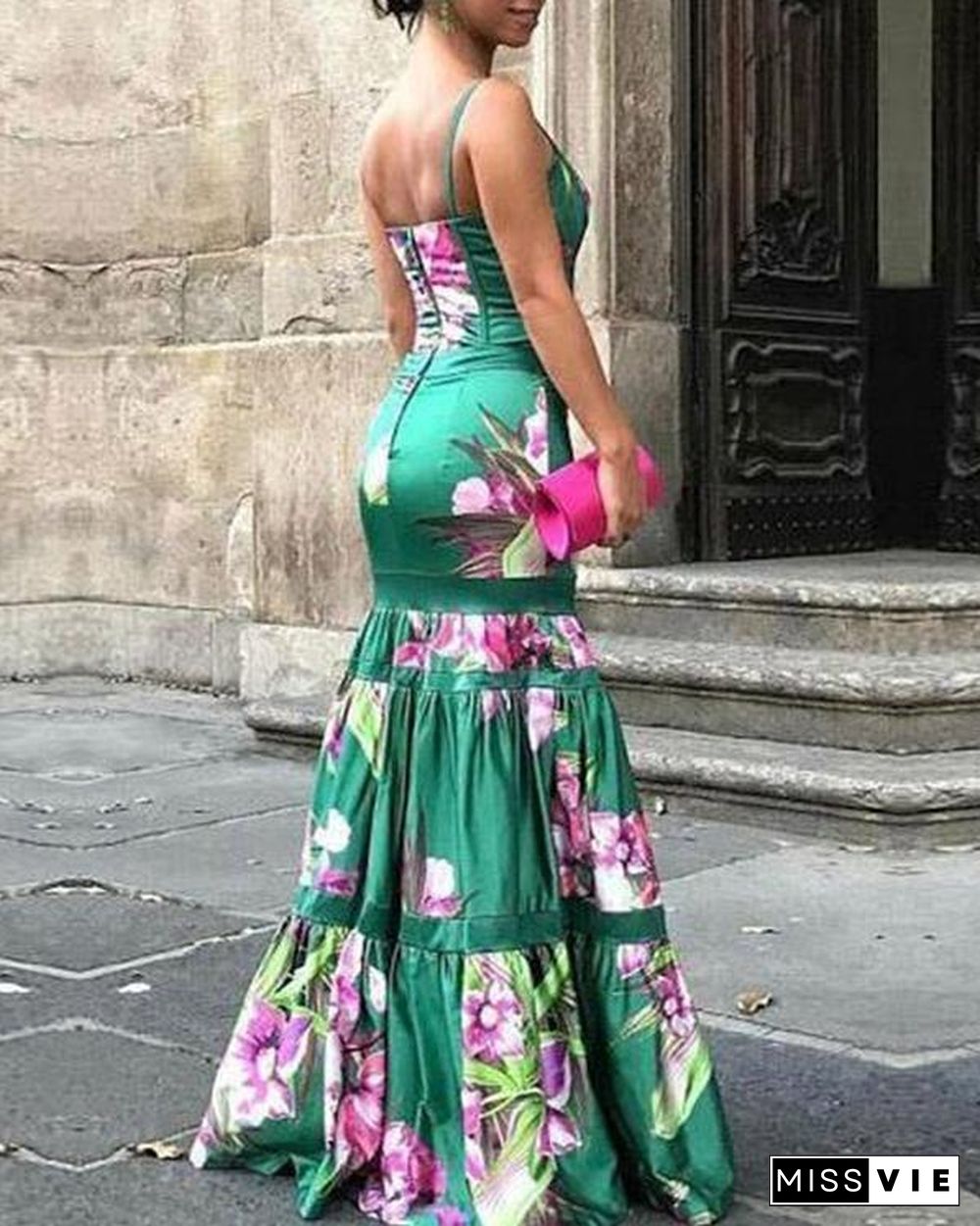 Fashion Sexy Floral Plunge Ruffles Layered Hem Evening Dress