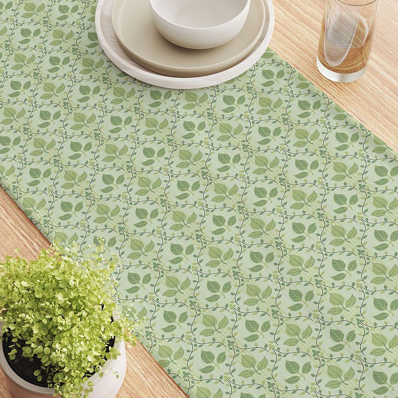 Table Runner， 100% Cotton， 16x90， Green Leaves Ornaments