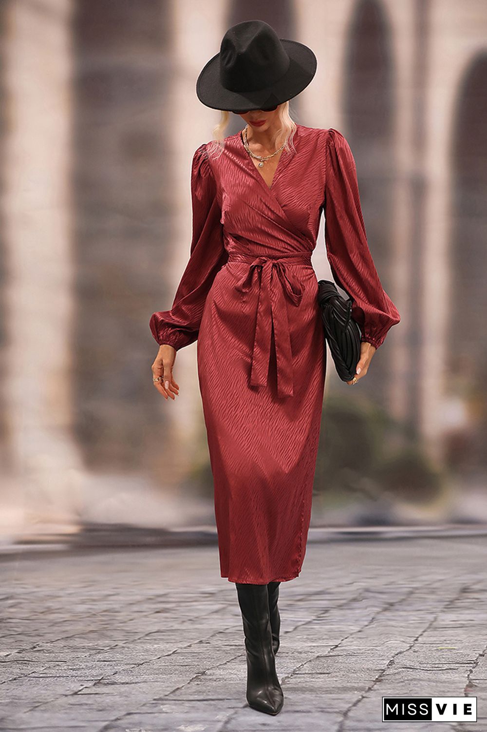 Surplice V Neck Puffy Sleeves Texture Woven Maxi Dress