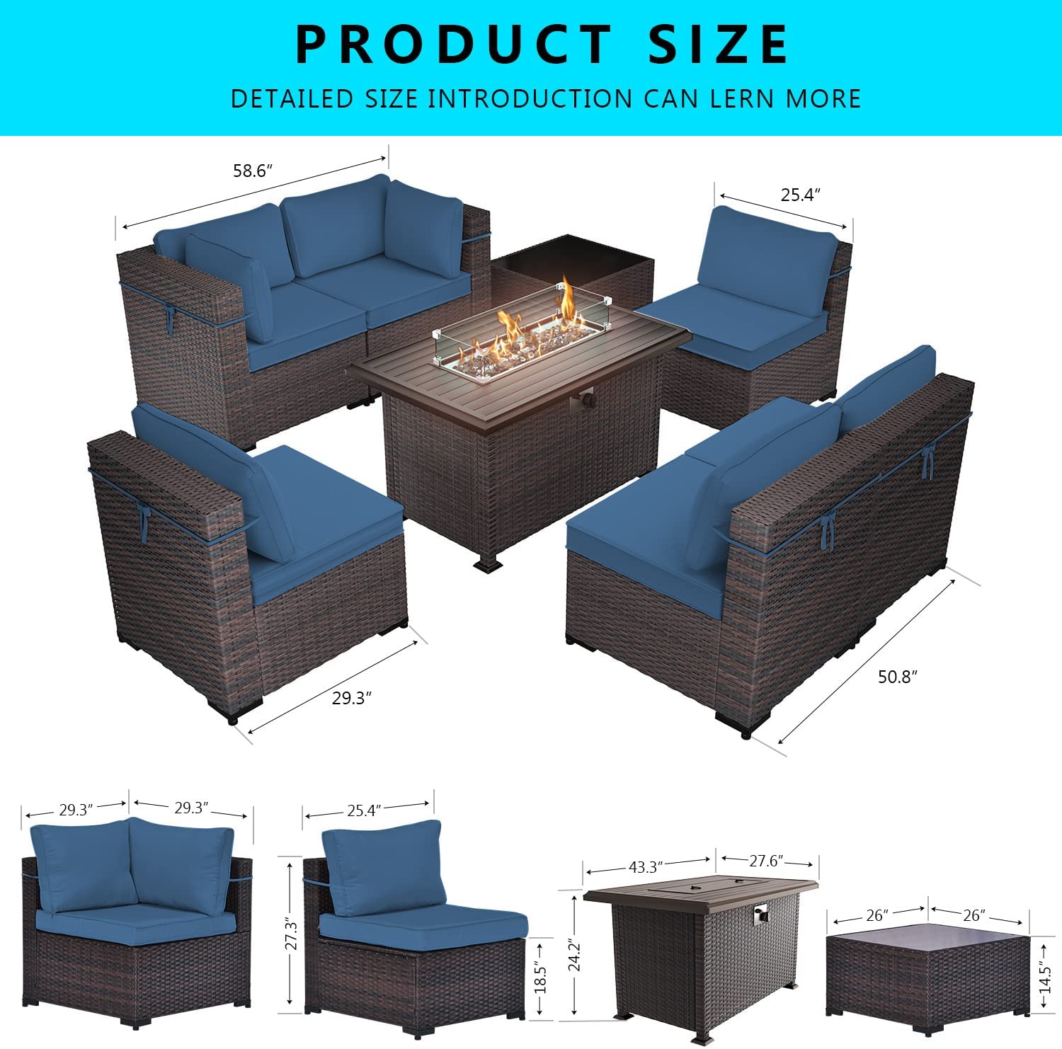 Gotland 8 Piece Outdoor Patio Furniture Set with 43“ Gas Fire Pit Table Patio Furniture Sectional Sofa Set (Navy Blue)