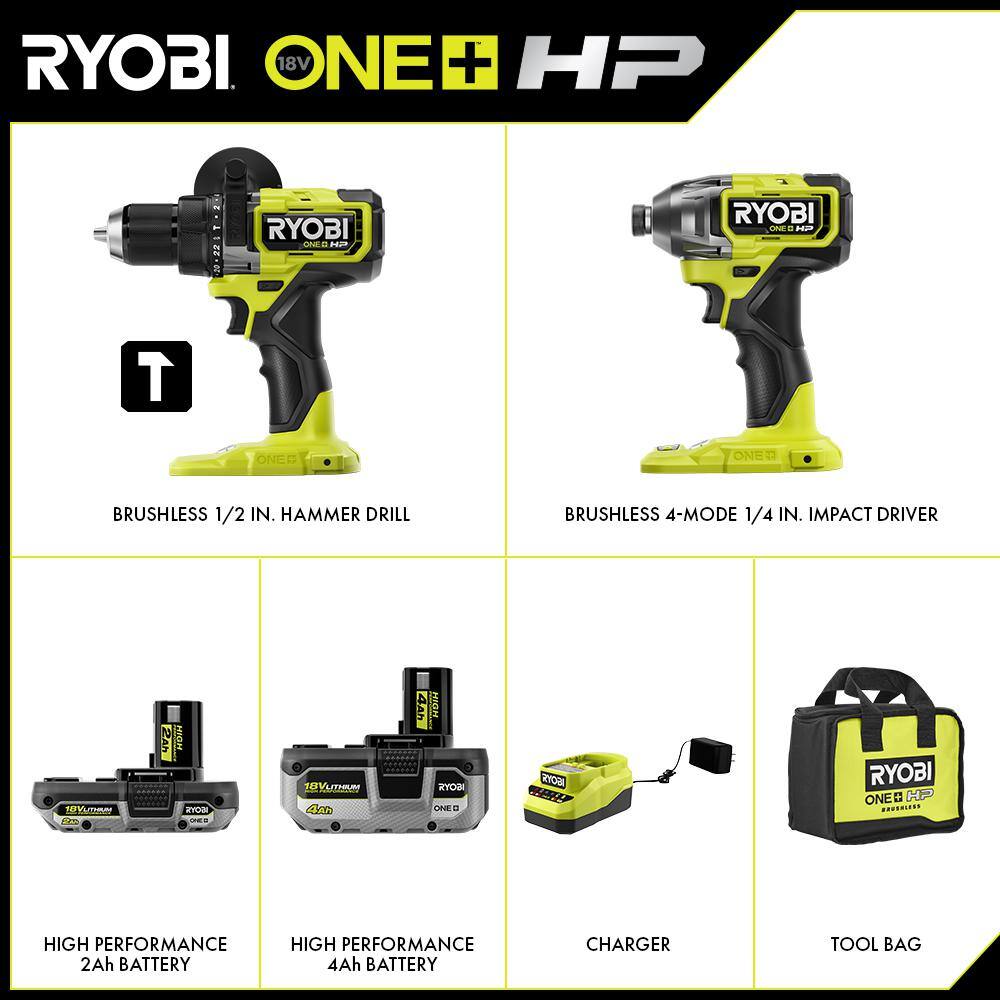 RYOBI ONE+ HP 18V Brushless Cordless 12 in. Hammer Drill and 14 in 4-Mode Impact Driver Kit w (2) Batteries Charger  Bag PBLCK02K