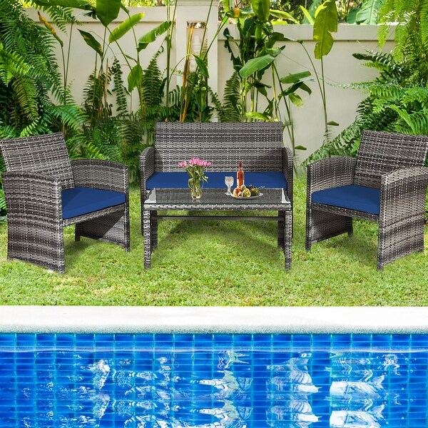 Costway 4PCS Patio Rattan Furniture Set Conversation Glass Table Top