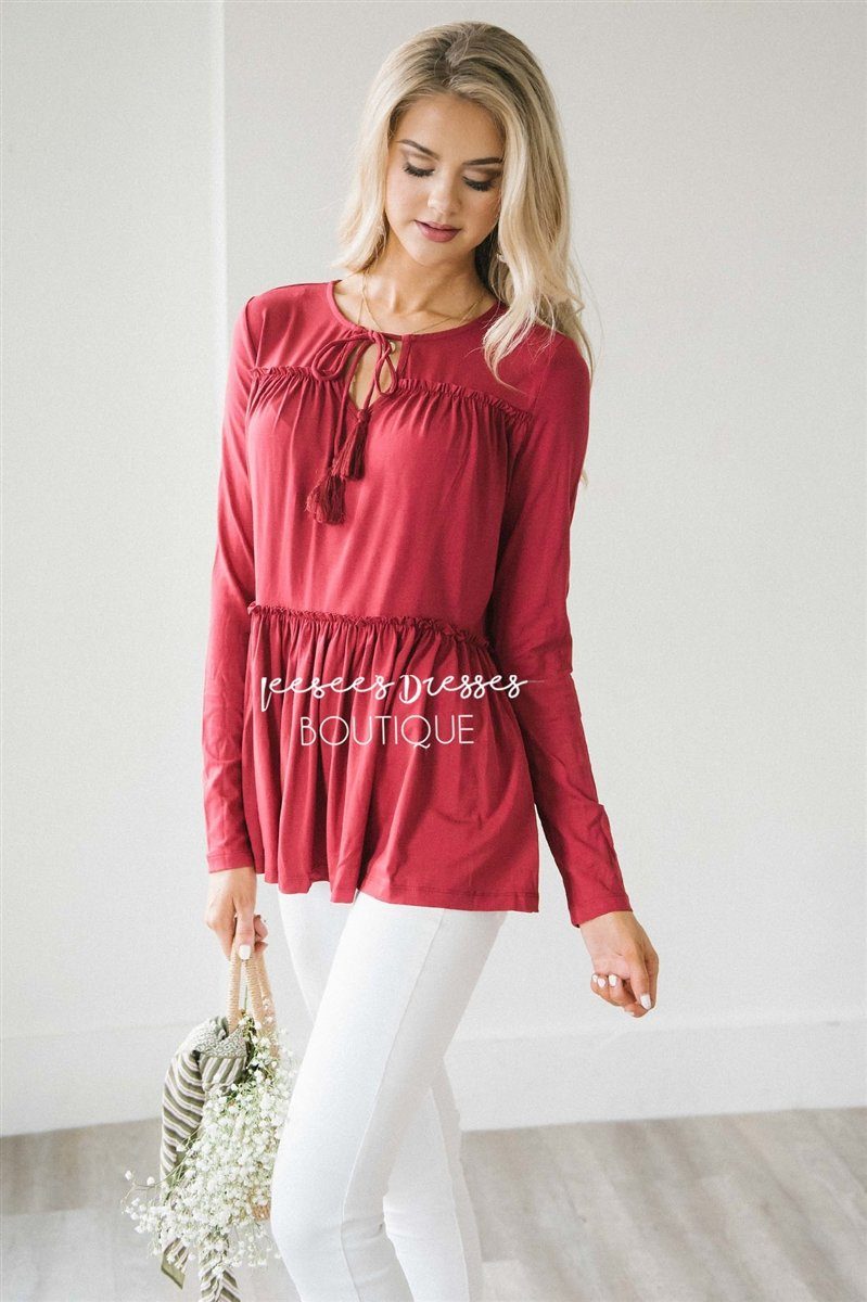 Ruffle Tiered Neck Tie Long Sleeve Top