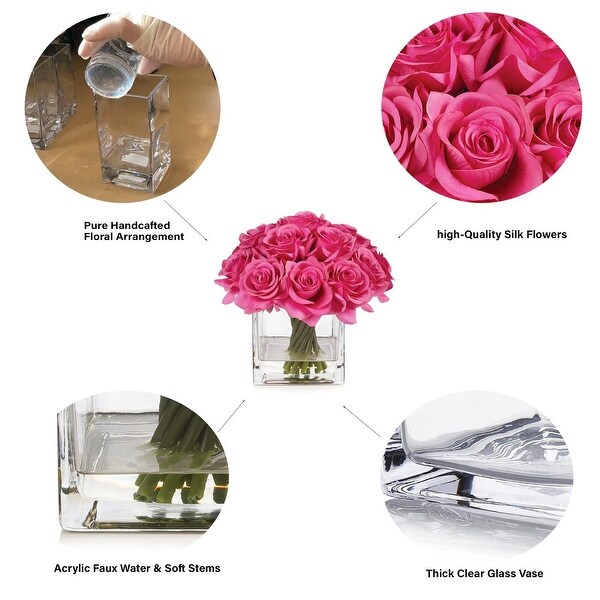 Enova Home Artificial Silk Rose Flowers in Cube Glass Vase with Faux Water for Home Office Decoration