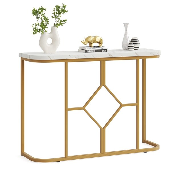 Modern Faux Marble Console Table for Entryway， Sofa Accent Table with Gold Metal Frame