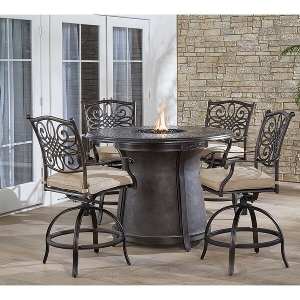 Hanover Traditions 5Piece HighDining Set with 4 Swivel Chairs and a 40，000 BTU Casttop Fire Pit Table