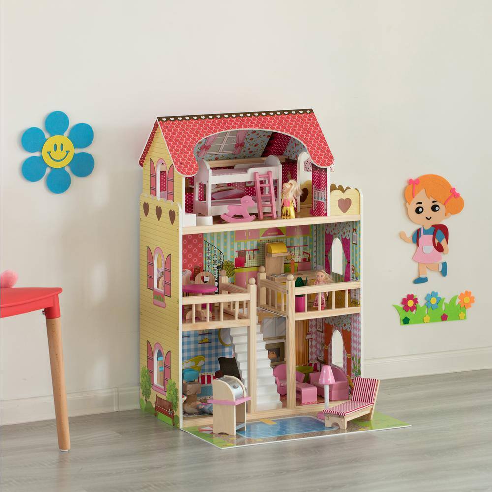 Gardenised QI004210 Wooden Doll House with Toys and Furniture Accessories with LED Light for Ages 3 plus