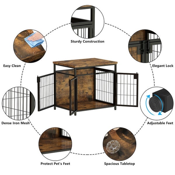 Grondin Rustic Industrial Style Wooden Dog Crate Dog Kennel with Three Lockable Doors， Indoor Pet Furniture Dog House End Table