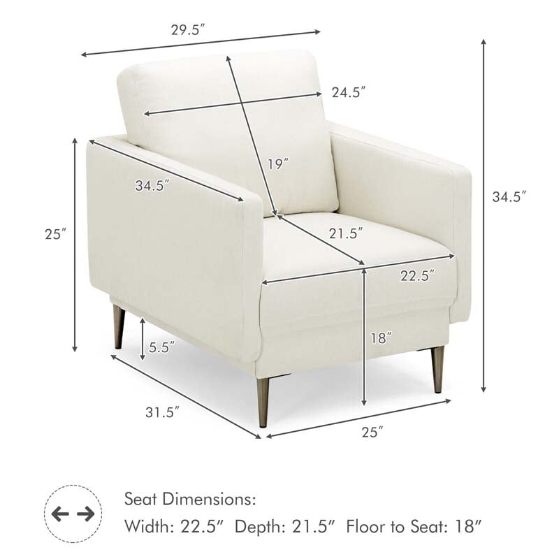 Modern Accent Chair Upholstered Armchair Single Sofa Couch with Removable Cushions & Solid Metal Legs