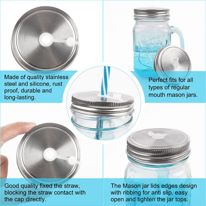 4 Pcs Stainless Steel Regular Mouth Jar Lids with Straw Hole for Mason Bottle Jar