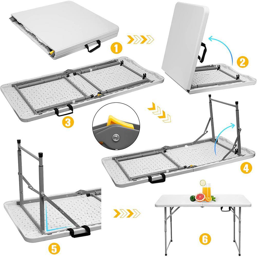 SKONYON 4 ft. White Adjustable Height Fold-in-Half Plastic Outdoor Picnic Folding Table SGFT88131