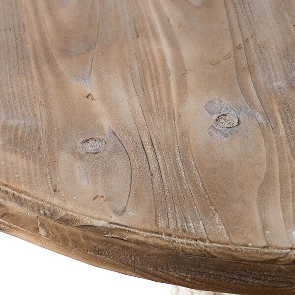 31 Inch Round Accent Side Table， Fir Wood， Engraved， Brown， Antique White