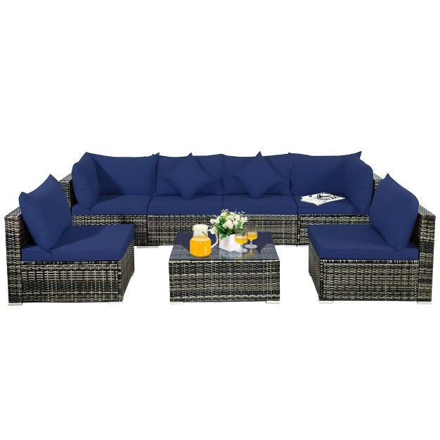 Costway 7pcs Patio Rattan Furniture Set Sectional Sofa Garden Navy Cushion