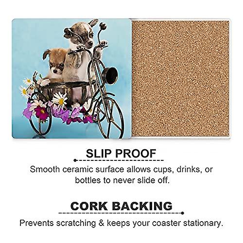 Colourlife Puppy Chihuahua On Bicycle Printed Square Ceramic Coaster For Drinks With Cork Base For Coffee Cups Place Mats For Home Decor Set Of 6 Piec