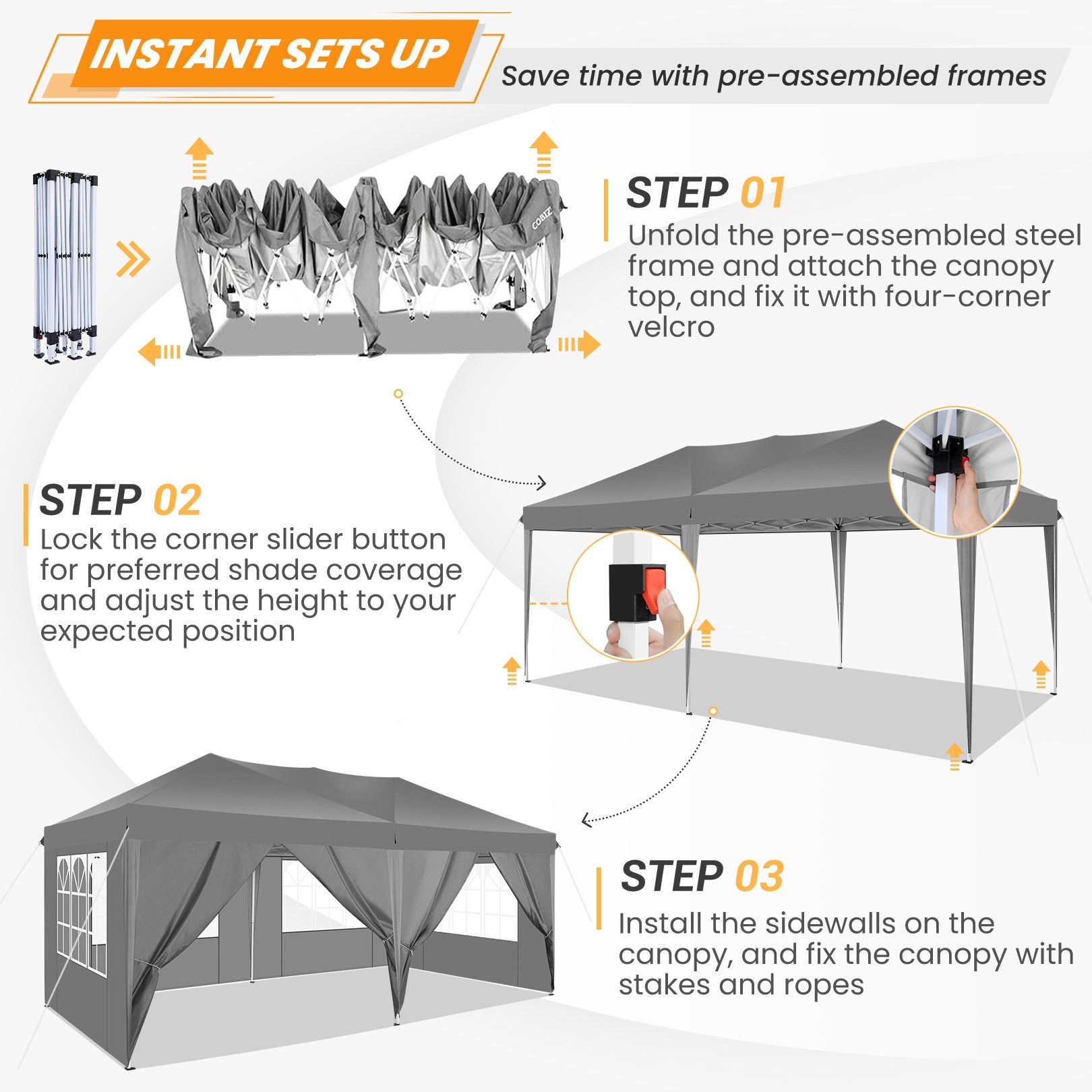 10' x 20' Outdoor Canopy Tent EZ Pop Up Backyard Canopy Portable Party Commercial Instant Canopy Shelter Tent Gazebo with 6 Removable Sidewalls & Carrying Bag for Wedding Picnics Camping, Gray