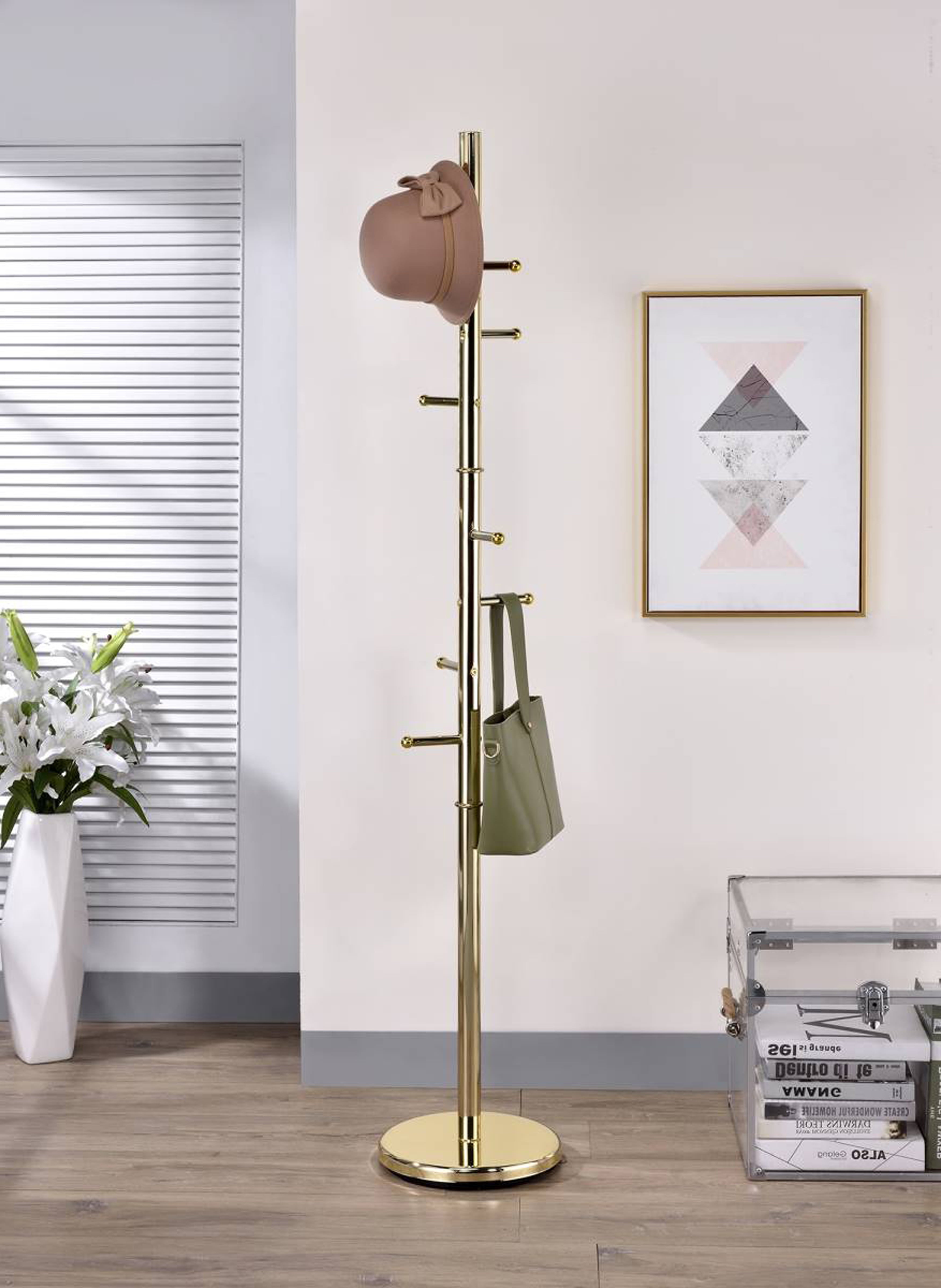 Pevensey Entryway 8 Hook Freestanding Coat and Hat Rack， Brass Metal， Transitional