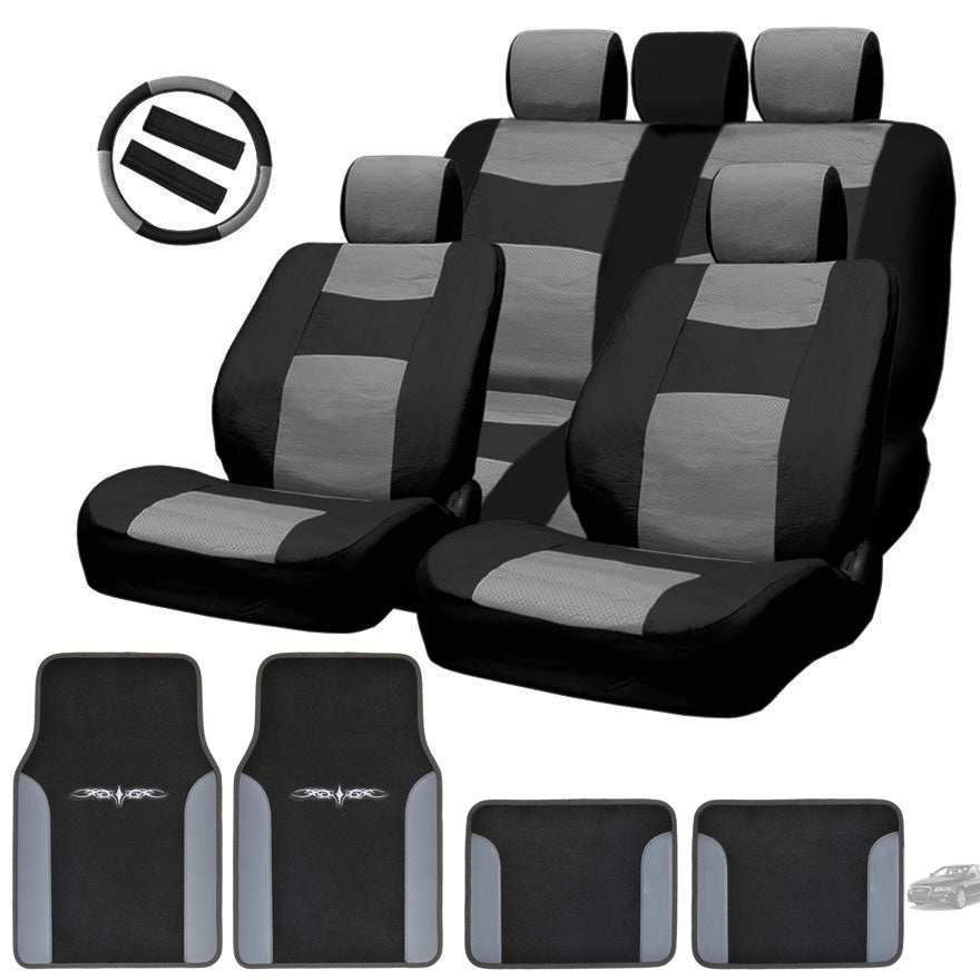 Semi Custom Synthetic Leather Car Seat Covers With Vinyl Floor Mats and Steering Wheel Cover Split Back Seat Full Set Black and Grey No Shipping Cost