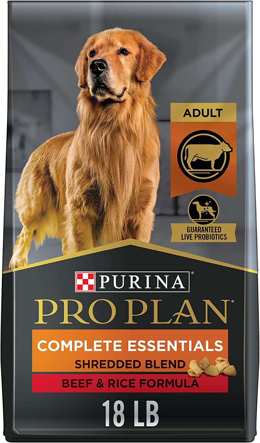 Purina Pro Plan High Protein Dry Dog Food With Probiotics for Dogs， Shredded Blend Beef and Rice Formula - 18 lb. Bag