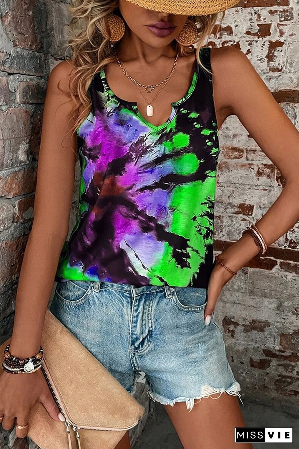 Split V Neck Tie Dye Tank Top