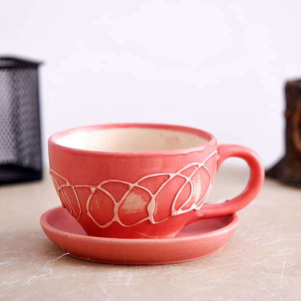 4.5 inch (11 cm) CP010 Embossed Cup Shape Round Ceramic Pot with Plate (Peach)