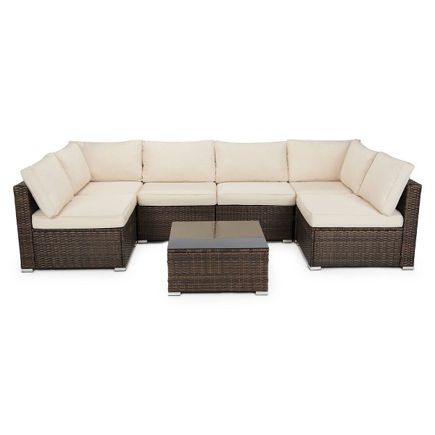 7pc Wicker Patio Sectional Sofa Set Beige Edyo Living