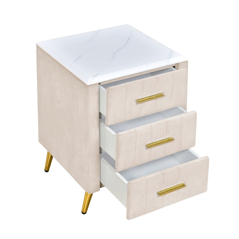 Velvet Upholstered Nightstand with 3 Drawers and Marbling Worktop