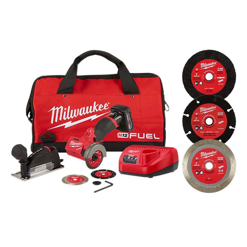 MW M12 FUEL 12V 3 in. Lithium-Ion Brushless Cordless Cut Off Saw Kit with Battery Charger and 3 in. Blades (5-Pack) 2522-21XC-49-94-3000-49-94-3005-49-94-30