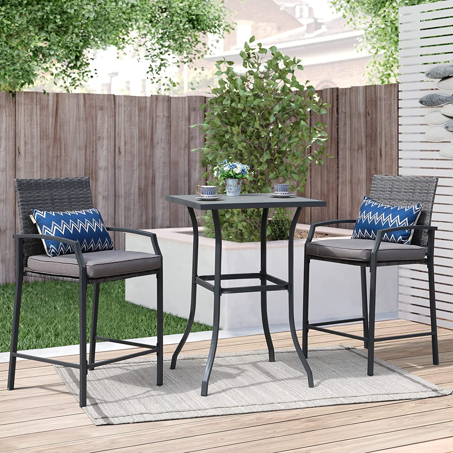 Patio Bar Set， 3 Piece Outdoor Wicker Bistro Set， All-weather Rattan Height Bar Stools with Cushions， Wood Top Bar Height Table Bistro Bar Set for 2 people， for Backyard， Patio， Pool， Garden