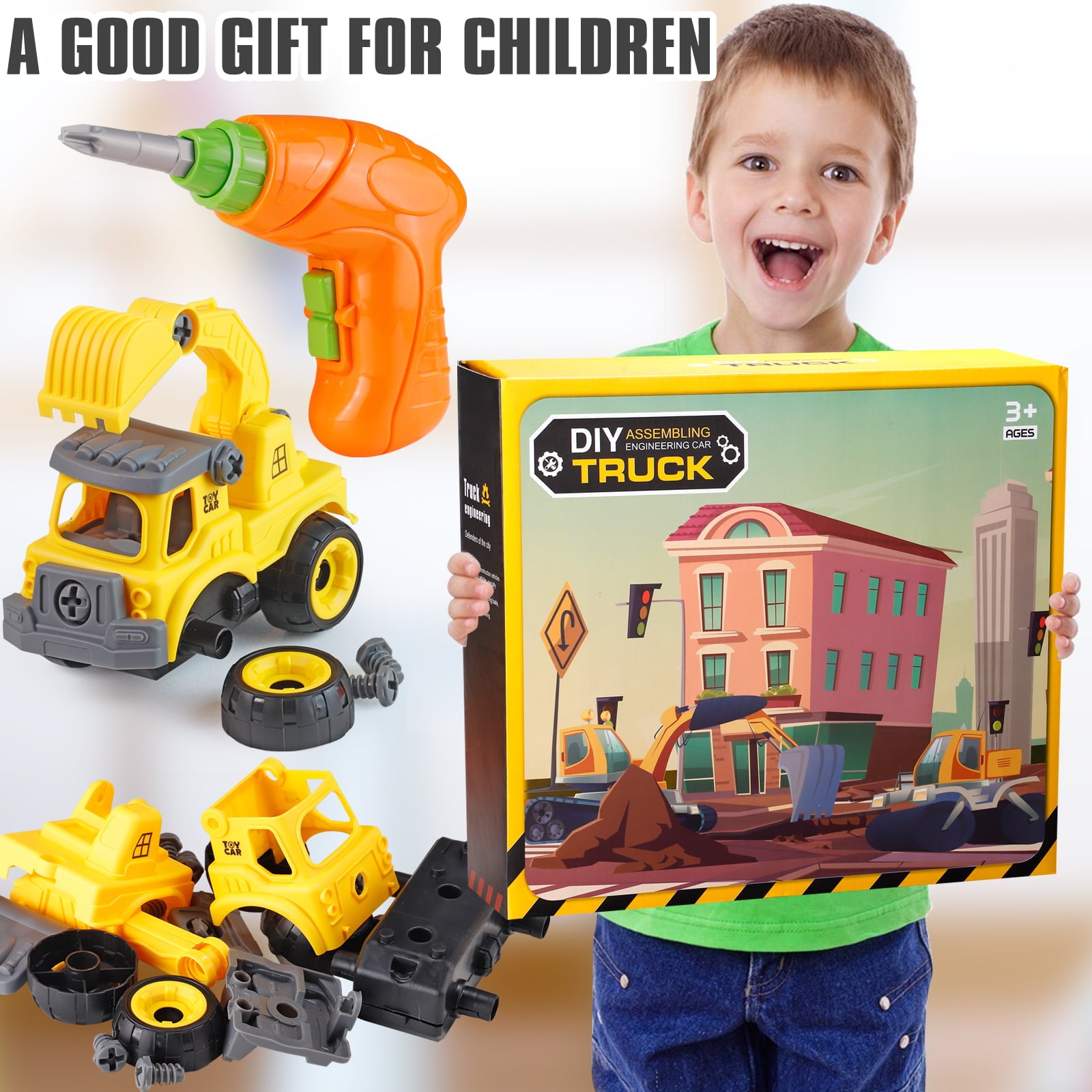 STEM Boy Toys Take Apart Construction Trucks Car Toys with Electric Drill and Map Kids Stem Building Toddler Toy for 3 4 5 6 Year Old Boys