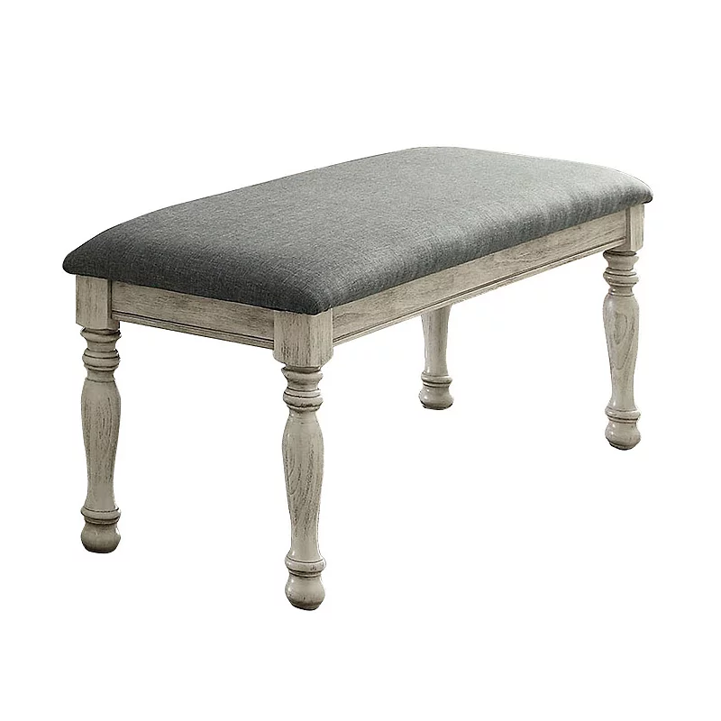 Transitional Fabric Upholstered Wooden Bench， Gray and White