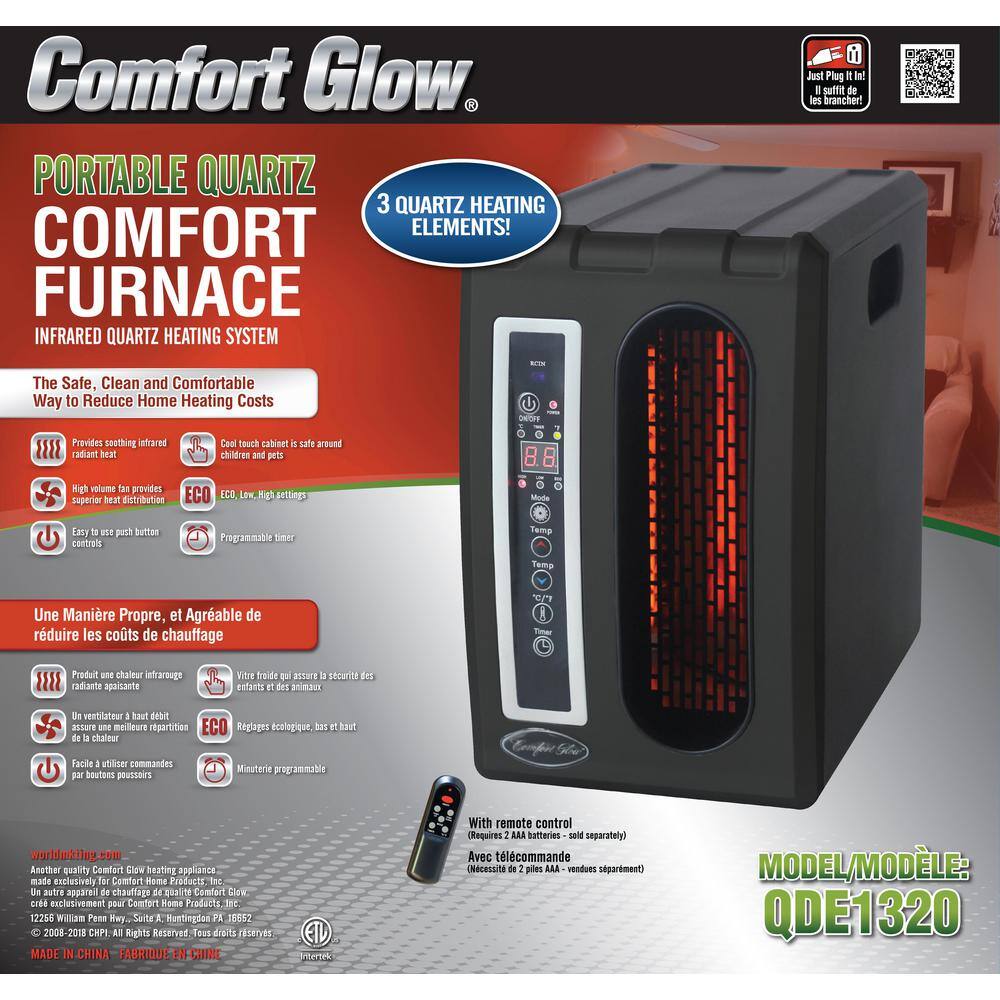 Comfort Glow 1500-Watt 3-Elements Black Compact Electric Quartz Infrared Heater with Remote Control Timer and ECO Efficiency Setting QDE1320