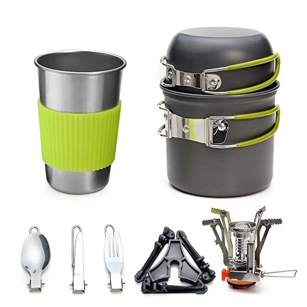 Backpacking Cookware Kit Gas Stove Pots And Pans Folding Stainless Steel Fork Knife Spoon Cup Tableware  Camping Cookware