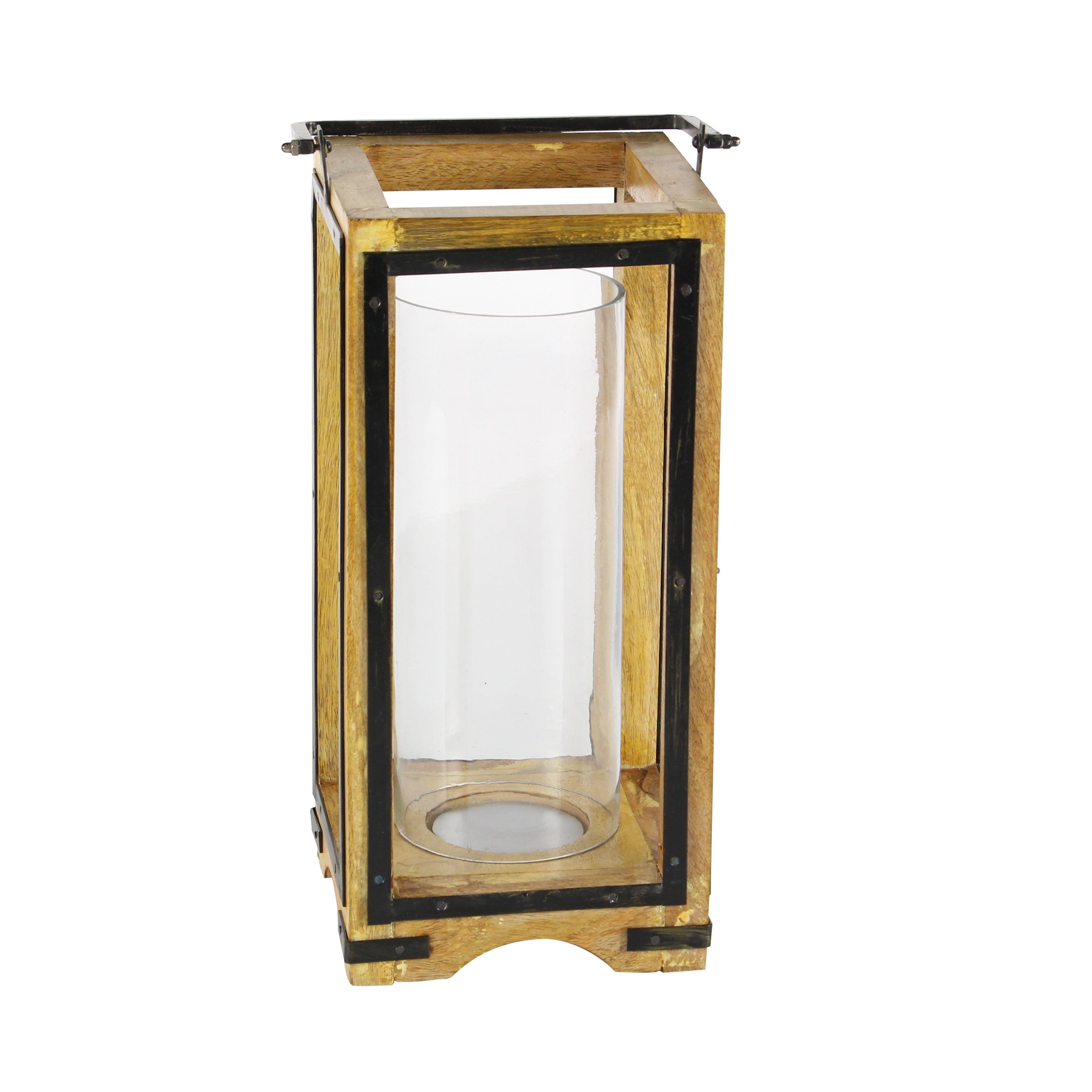 DecMode Brown Mango Wood Handmade Pillar Candle Lantern