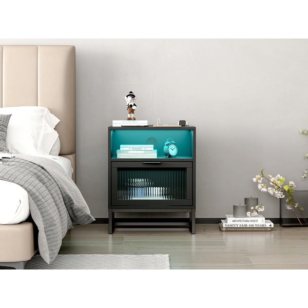 Nightstand with LED Lights Drawer， Black Bedside Table for Bedroom