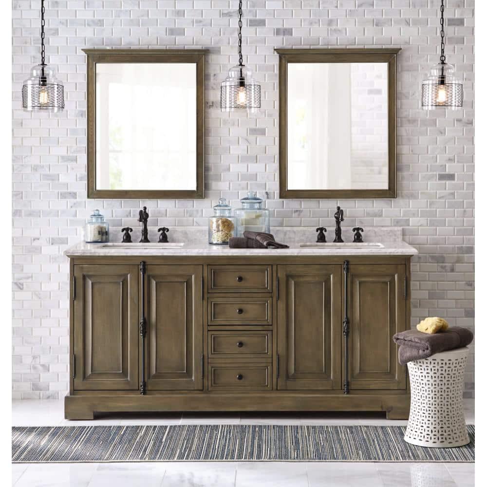 Home Decorators Collection Clinton 72in W x 22in D x 35in H Bath Vanity in Almond Latte Double White Sinks w White Carrara Marble Top