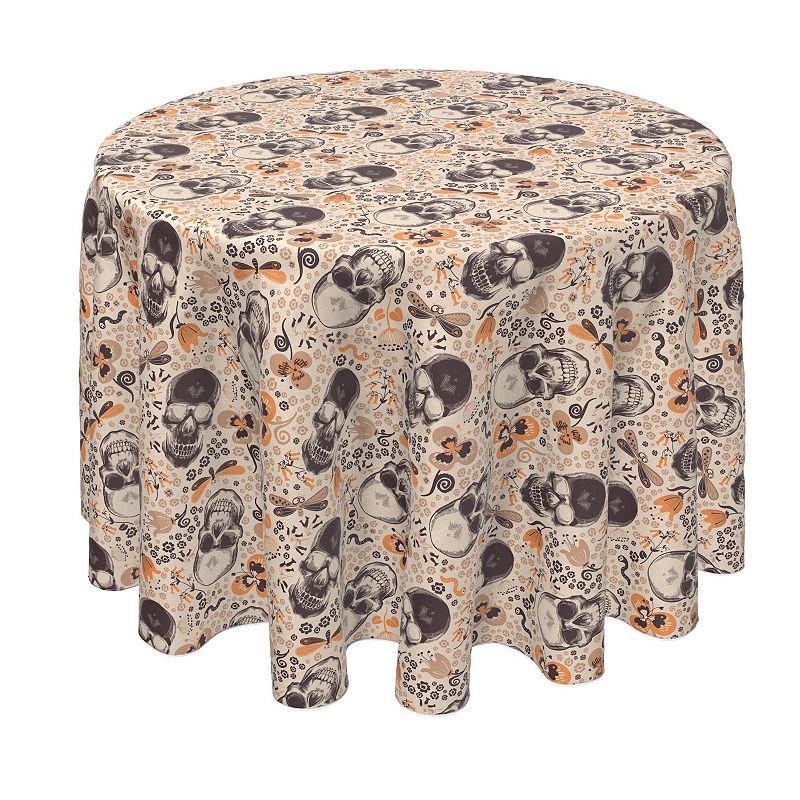 Round Tablecloth， 100% Polyester， 90 Round， Retro Skulls and Flowers