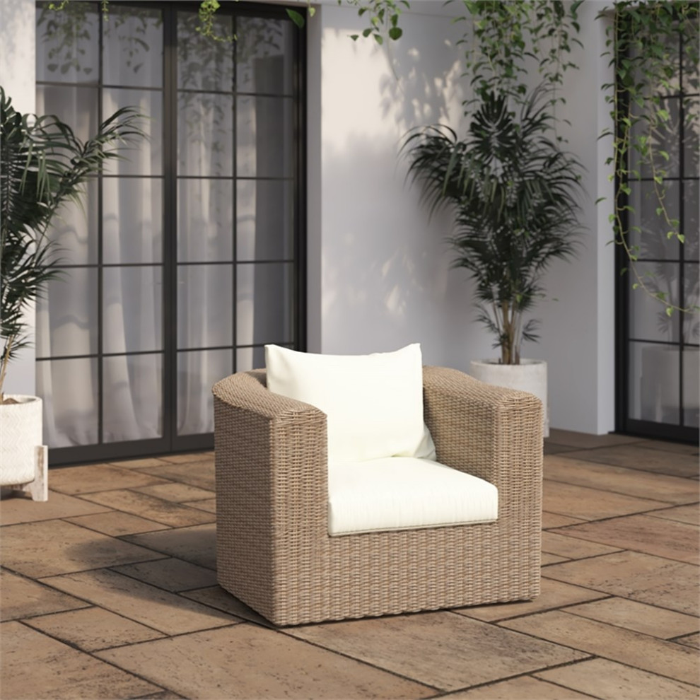 TK Classics Outdoor Patio Club Chair in Almond Wicker with White Cushion   Tropical   Outdoor Lounge Chairs   by Homesquare  Houzz