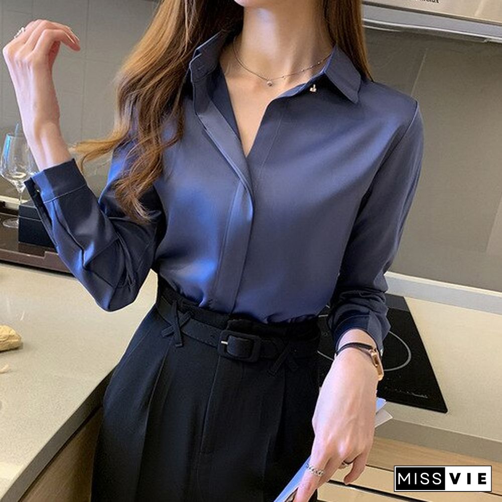 New Summer Fashion Woman Blouses Office Lady Long Sleeve Elegant Blouse Satin Silk Tops Plus Size Woman Basic Shirt