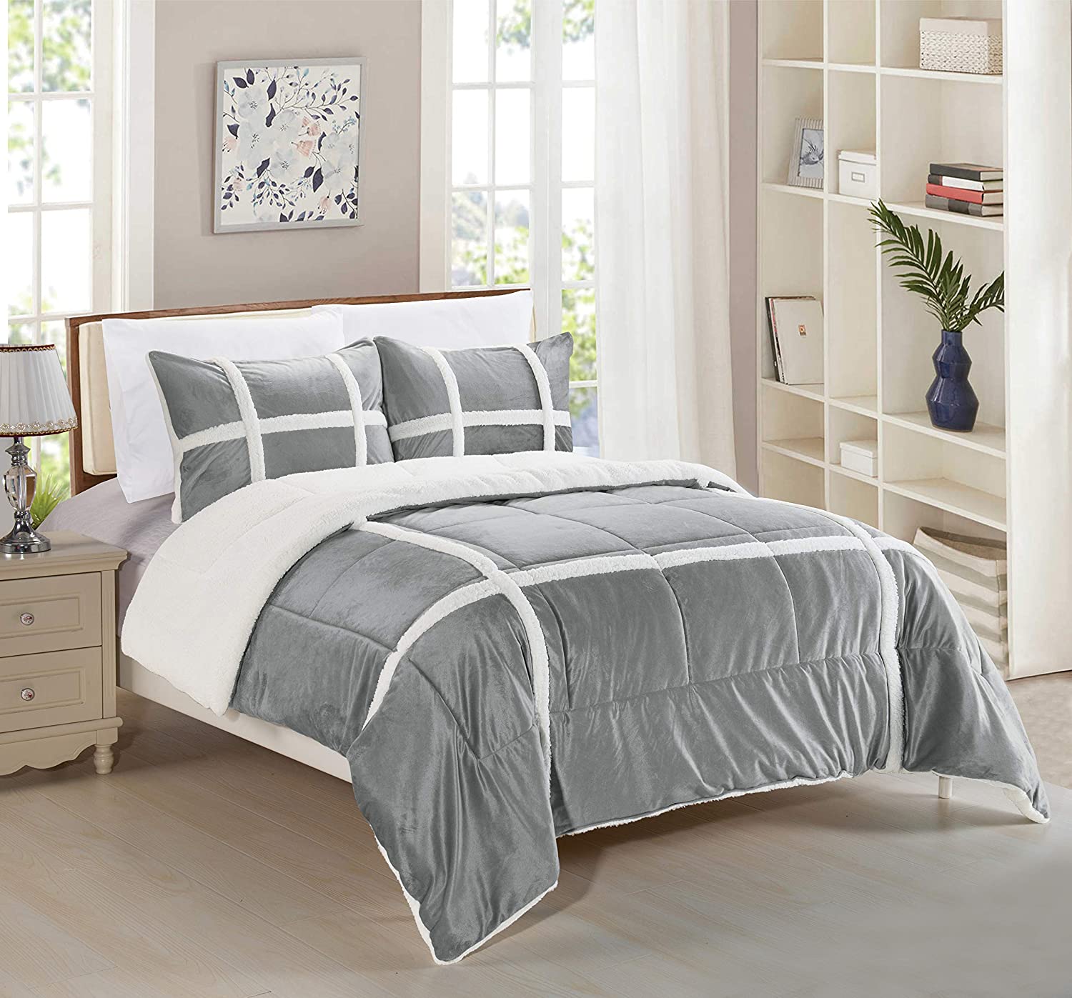 Softest Coziest Plaid Pattern Sherpa Premium Quality Down Alternative Micro-Suede 3-Piece Reversible Comforter Set