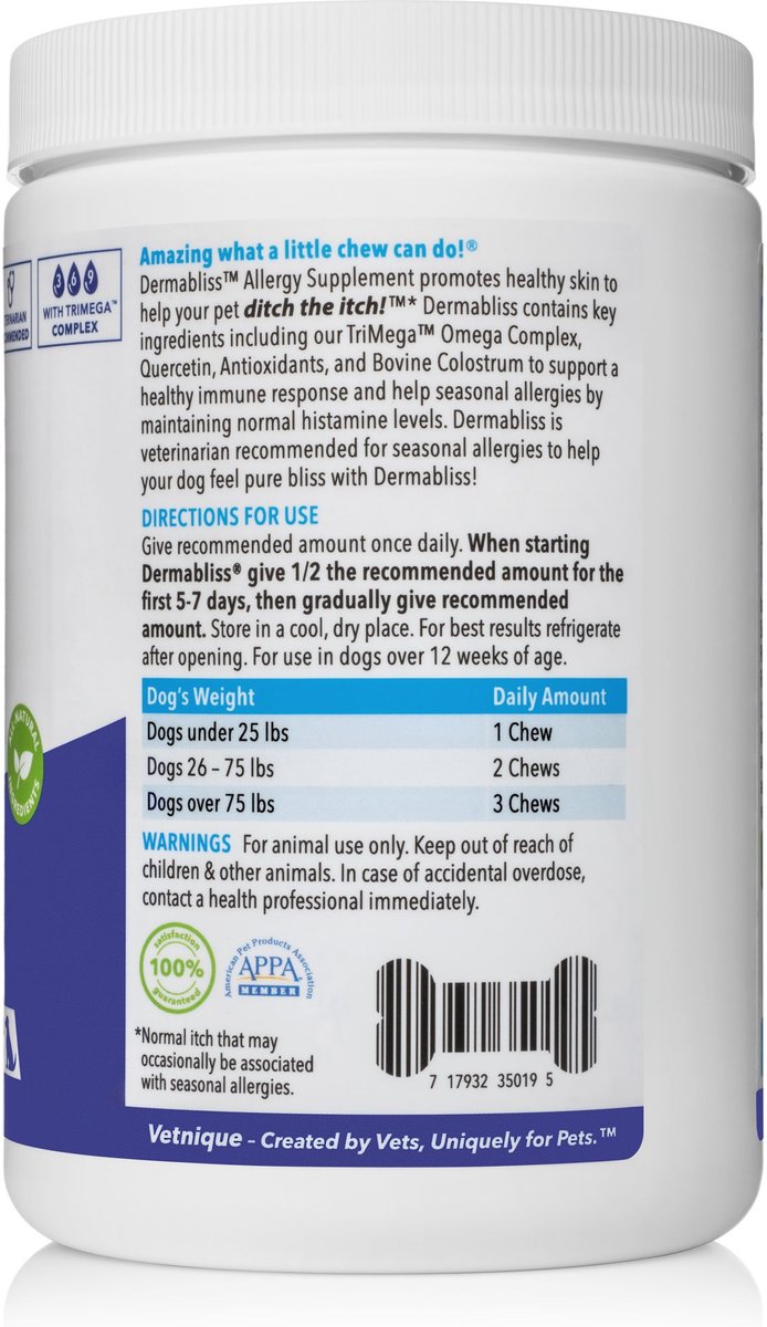 Vetnique Labs Dermabliss Allergy and Immune Salmon Flavored Seasonal Allergy and Fish Oil Soft Chew Supplement for Dogs