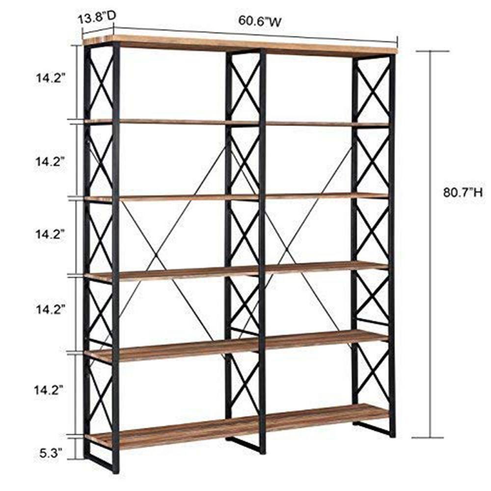 KINWELL 80 in. Brown Vintage Wood 6-Shelf Etagere Bookcase with Black Metal Frame MDBS006A