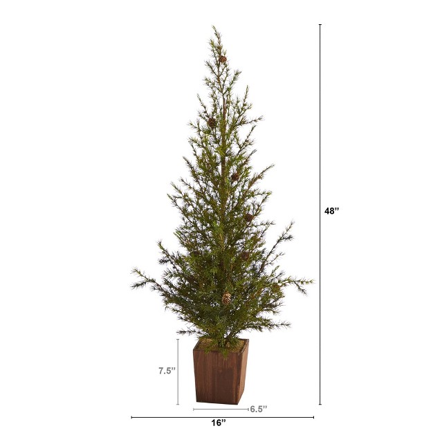 4ft Nearly Natural Unlit Alpine With Pinecones Artificial Christmas Tree In Wood Planter